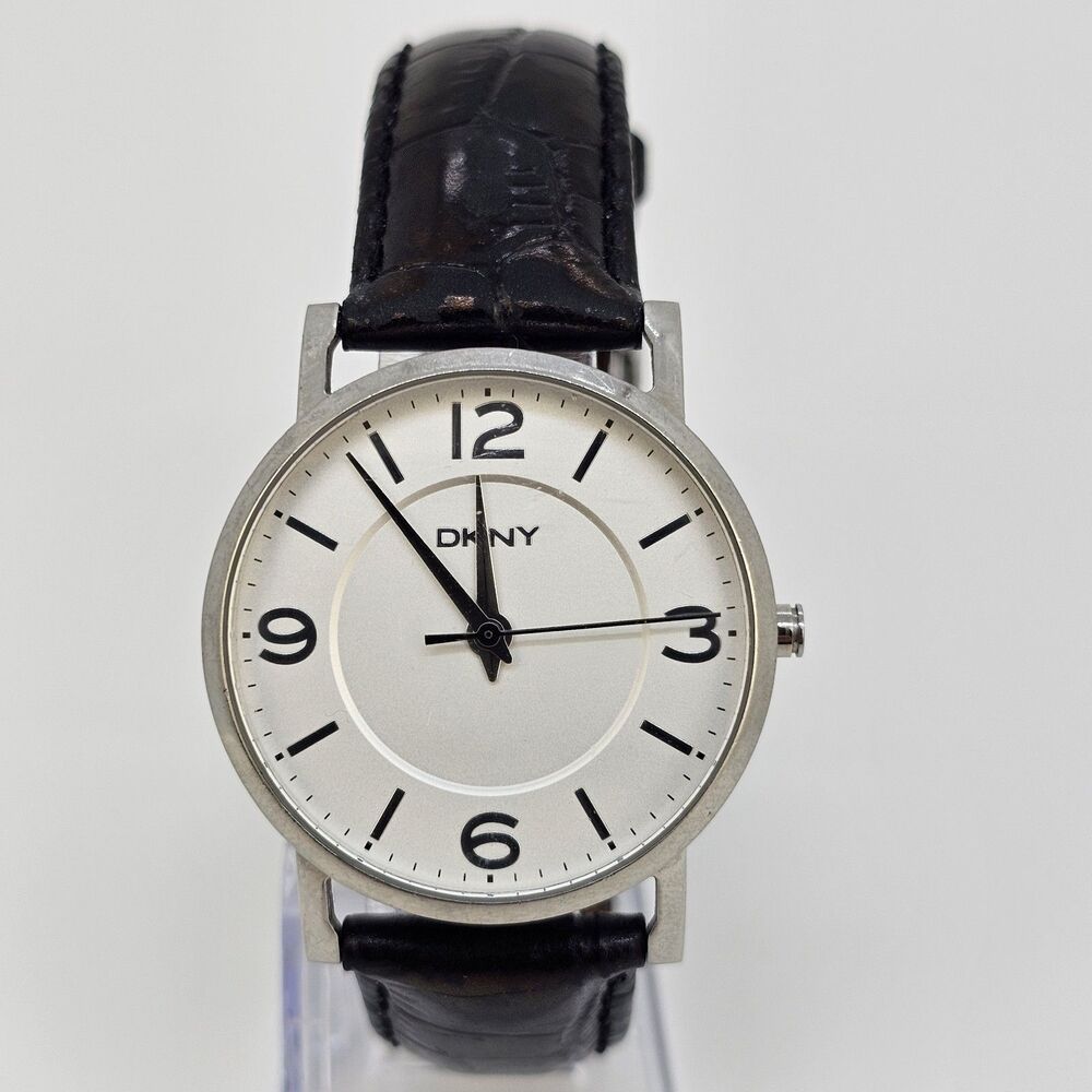DKNY Women's Watch 36MM Gray Dial Black Leather Band Straps New Battery